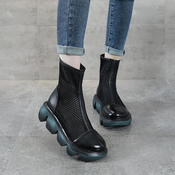 

summer leather high-boots women's mesh short british style thick-soled hollow sandals baotou hole shoes dress, Black