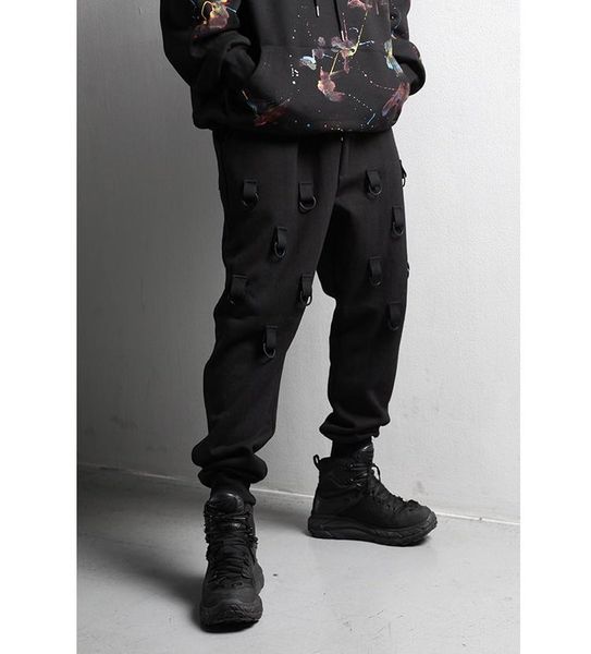 

men's fashion hook decorative lace up waist sports casual pants, Black