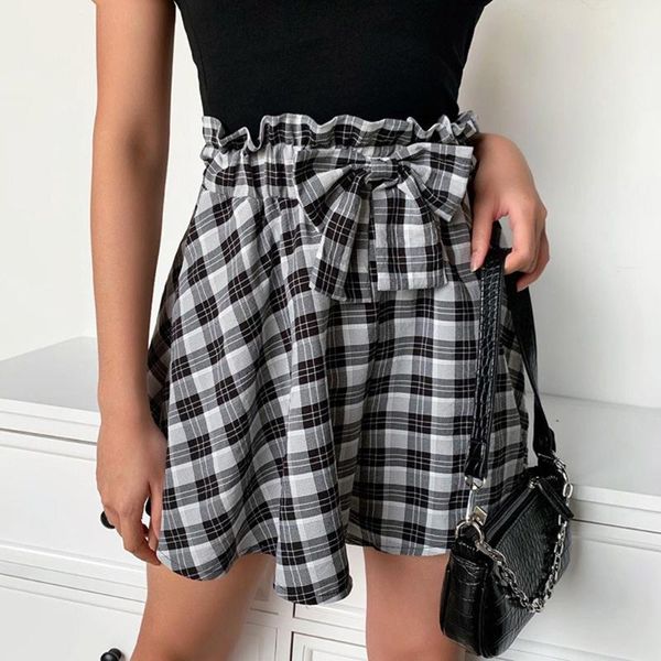 

plaid print women shorts 2021 gothic fashion pocket bowknot summer high waist korean style loose black women's, White;black