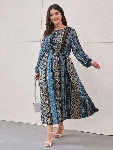 

plus allover print lantern sleeve dress without belt 440e#, Black
