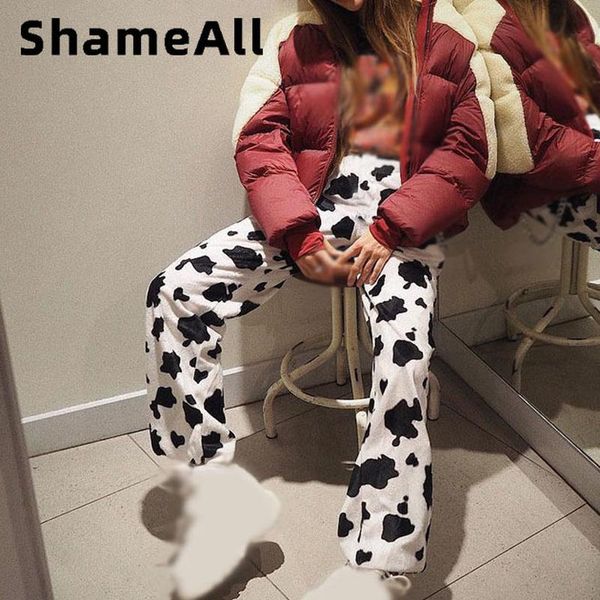 

cow animal print wide leg pants harajuku high waist straight baggy trousers ladies casual flare women egirl streetwear women's & capris, Black;white