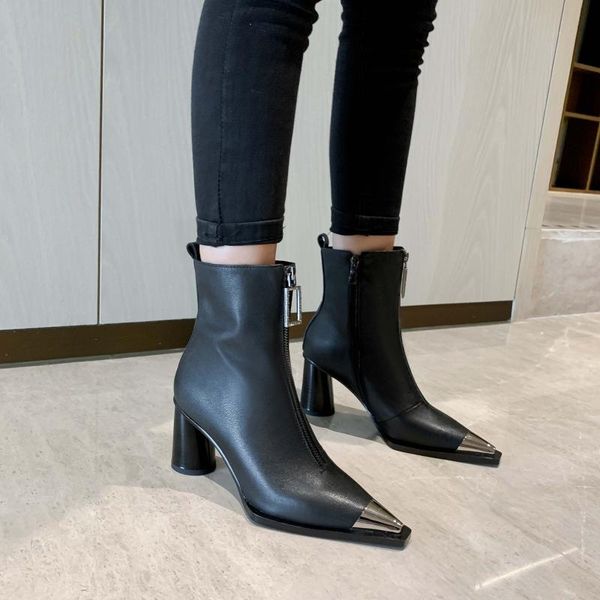 

boots 2021 winter red pointed leather ankle women zipper high heel, Black