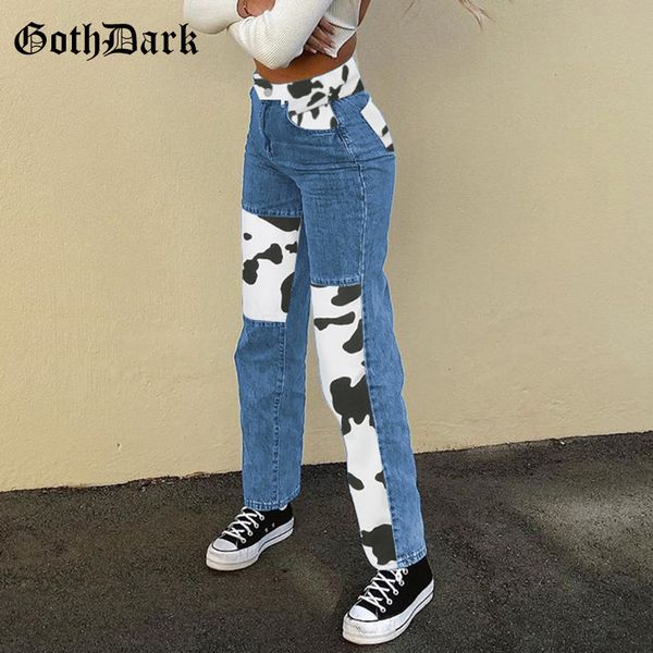 

2011Goth Dark Cow Printing Gothic Jeans Wide Leg E-Girl Style Blue High Waist Pants Women Hip Hop Black Streetwear Trousers Autumn