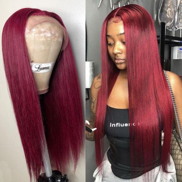 

ombre lace front human hair wigs for women brazilian remy colored 99j burgundy wig bleached knots1, Black;brown