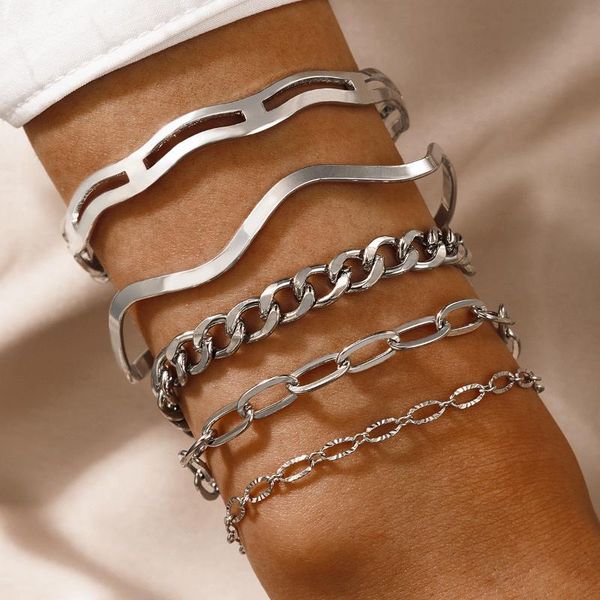 

link, chain diezi hip hop punk silver color bracelet sets for women 5pcs/set fashion vintage cuff bangles simple bracelets jewelry, Black