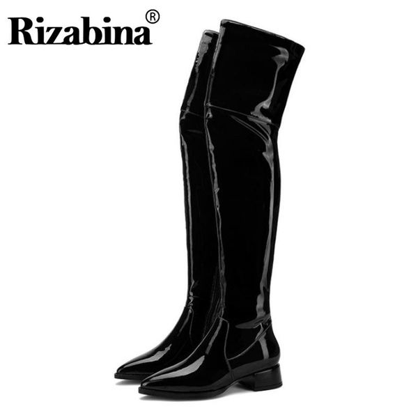 

boots rizabina cow patent leather over the knee for women zipper pointed toe long winter warm footwear size 35-43, Black