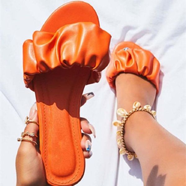 

summer women slippers beach flat sandals pu leather pleated ladies shoes open toe flip flops casual outdoor slides big size, Black