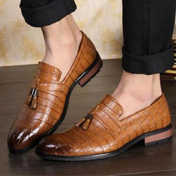 

dress shoes mens fringe snake skin pu leather luxury elegant male oxfords slip on pointed toe comfortable handmade loafers, Black