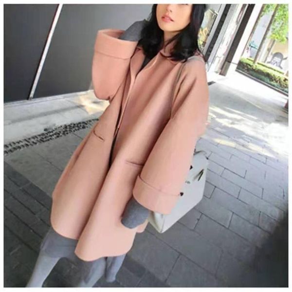 

esme 2021 double faced 100% pure wool coat pretty girl powder loose medium length for women women's & blends, Black