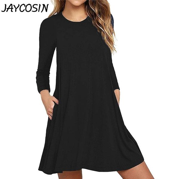 

casual dresses jaycosin women dress solid long sleeve round neck t-shirt straight with pocket autumn loose mini veatido, Black;gray