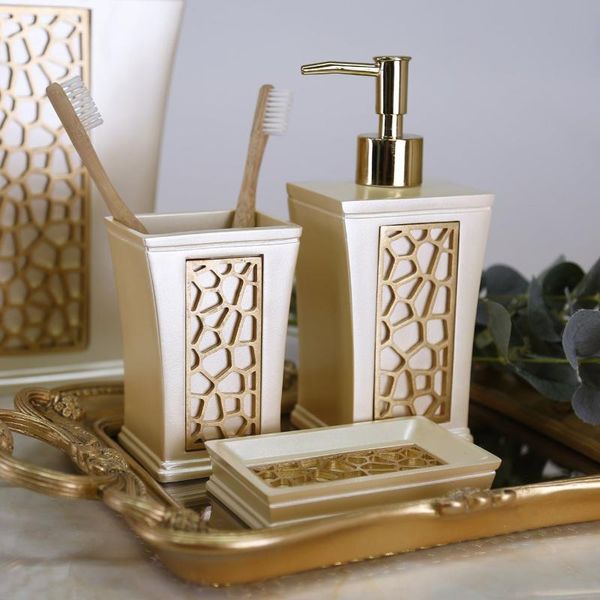 

bath accessory set siena unique bathroom decor of 3 pearl gold color with liquid soap dispenser, toothbrush holder, dispenser