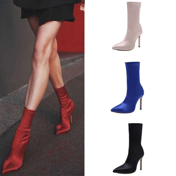 

boots star fashion short autumn and winter elastic satin thin high heel tube, Black