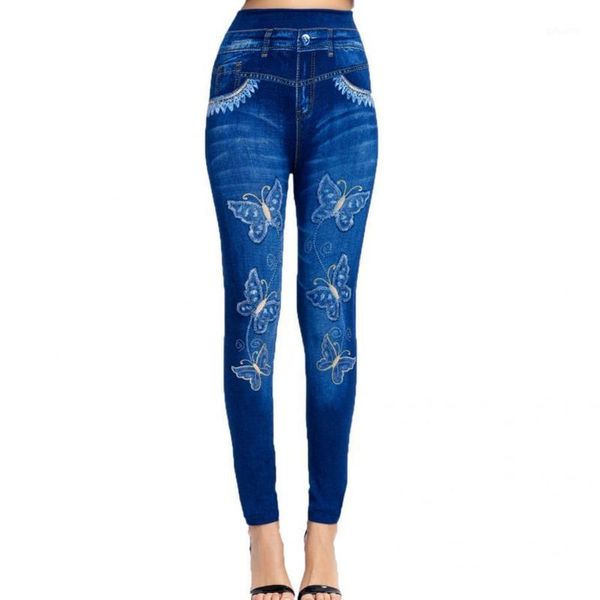 

summer casual stretchy ankle length fake jeans all match for office women's, Blue