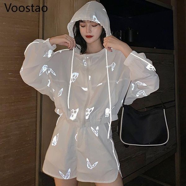 

women's tracksuits summer women gothic thin two piece sets hooded and short pants girl streetwear loose butterfly reflective sports, Gray