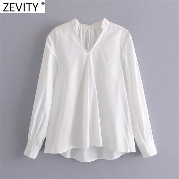 

women fashion v neck solid color casual white smock shirt office lady back pleat blouse roupas chic femininas ls7606 210420