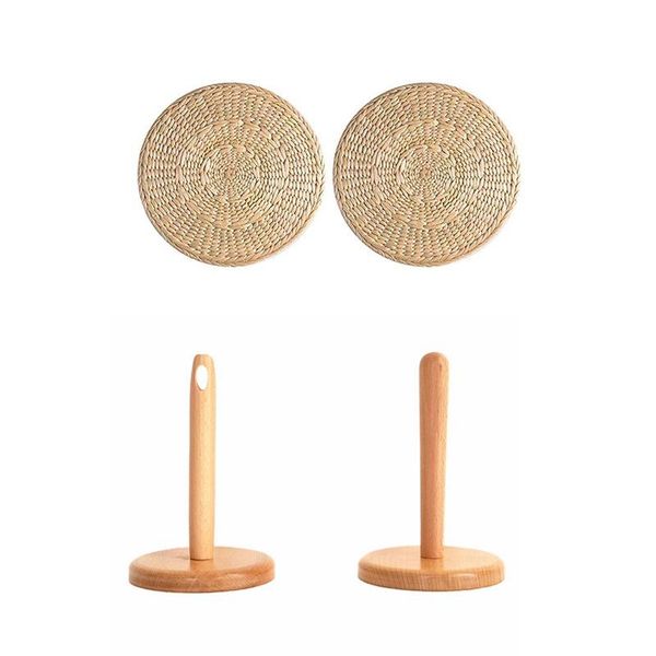 

2pcs woven placemats handmade rattan round pot rack straw placemat & 2 pcs wooden table paper towel toilet holders