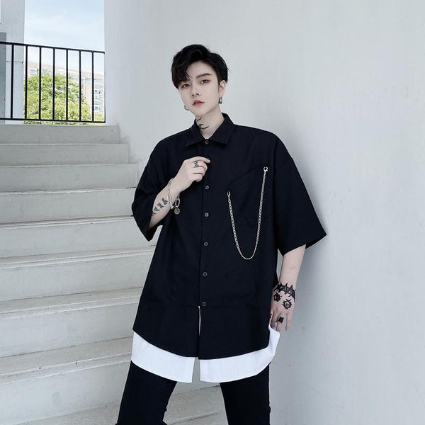 

men's casual shirts male japan korea style streetwear hip hop shirt men metal chain pendant black white splice hem short sleeve loose, White;black