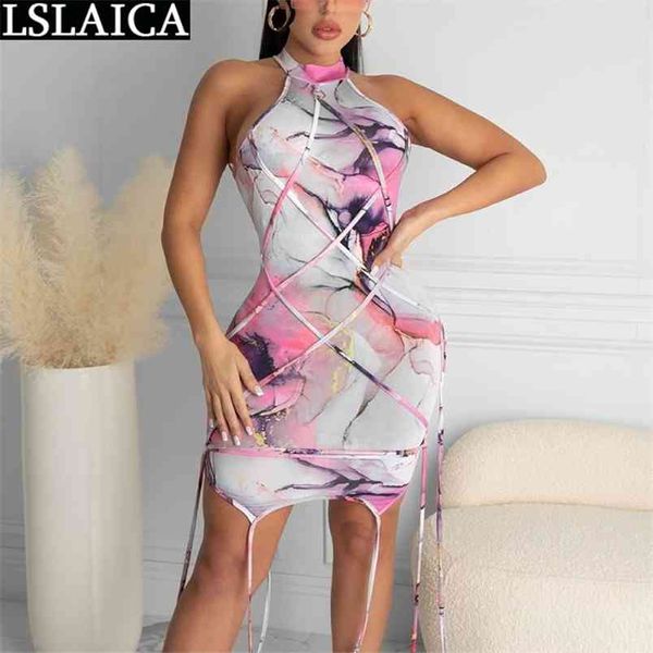 Vestidos para Womem Sem Mangas Imprimir Cintura Alta Cintura Criss - Sexy Party Night Club Dress Sex Mini Verão 210515