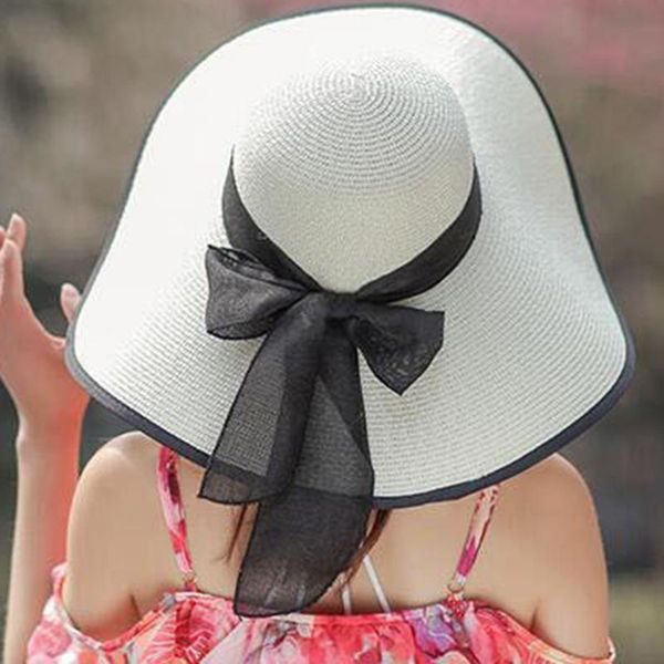 

wide brim hats women big straw hat floppy ribbon bowknot folding beach sun cap simple girls summer headwear female travel caps t8, Blue;gray
