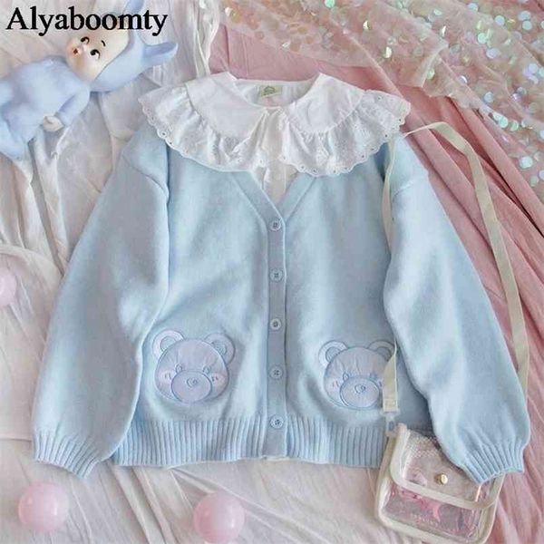 

japanese preppy style spring autumn women sweater blue bear/pink animal knitted outerwear cute kawaii mori girl sweet cardigan 210812, White