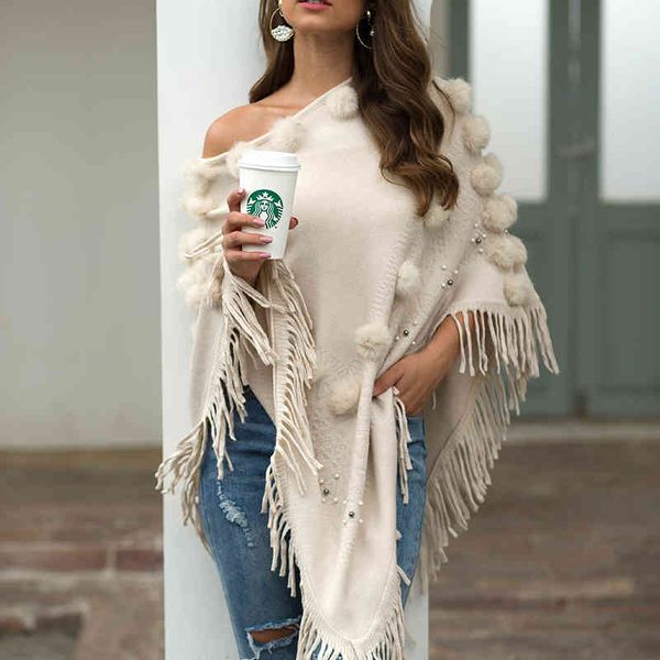 

cloak shawl o neck pullover knitted sweaters women casual streetwear shawl fringed cloak hair ball beaded sweater women 210514, White;black