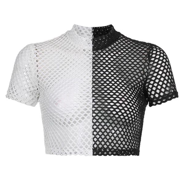 

women's t-shirt fashion fishnet t shirt women stylish breatthable summer clothing short sleeve see-through o neckline color contrast t, White