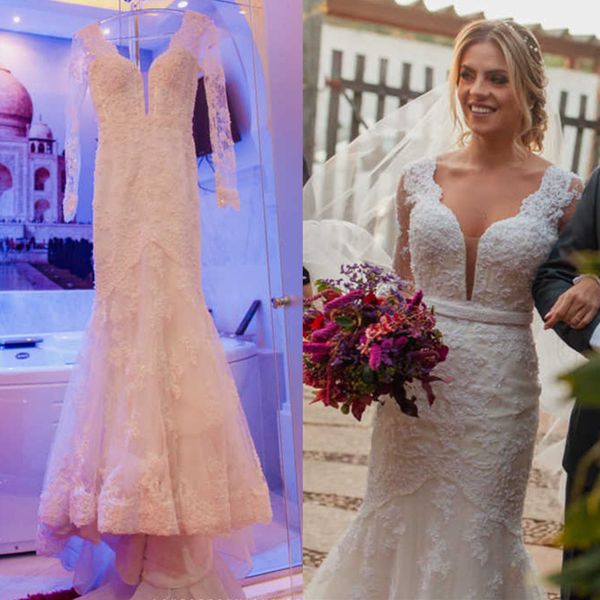 

princess wedding dress 2022 lace full sleeves royal bridal dress bride gown with long train vestido de novia, White