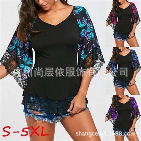 

t-shirt women's printed short sleeve lace splicing v-neck g7gd, White