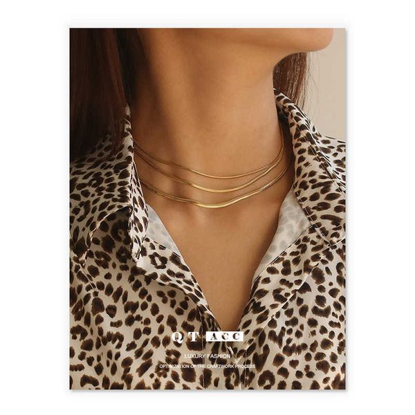 

high color preserving vacuum electroplating real gold fashion simple flat chain superimposed snake bone necklace female, Silver
