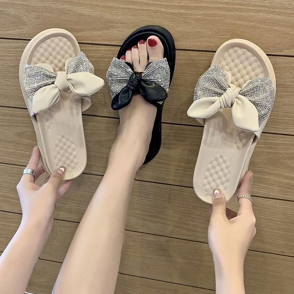 

sandals women's thick-soled 2021 summer fashion casual flat bowknot beach, Black