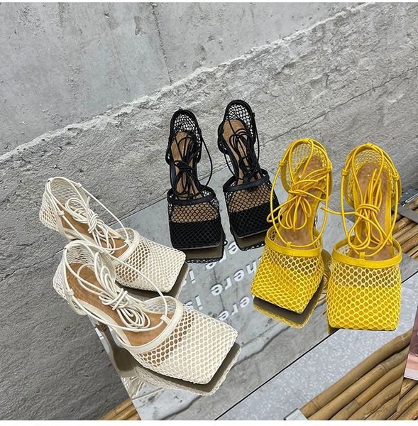 

shoe hollow out mesh bombs lace women's shoes square toe high heels summer fashion ankle brace dress shoejm98 cbk8, Black