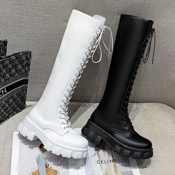 

boots women's platform knee high fashion cross tied long winter plush warm motorcycle round toe botines de mujer, Black