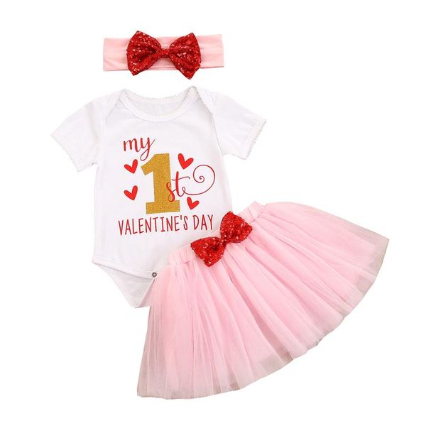 

clothing sets baby summer girl valentine outfits 3pcs suit cute letter printed romper and sequin bow gauze skirt headband, White