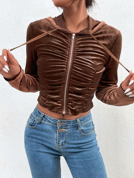 

zip up ruched drawstring crop velvet hoodie c8ap#, White;black