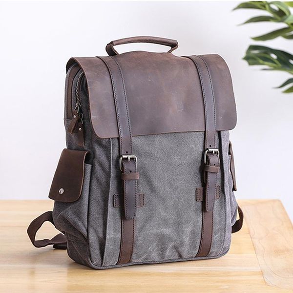

backpack retrofashion for men canvas leather bag travel lap14 inches rucksack hiking