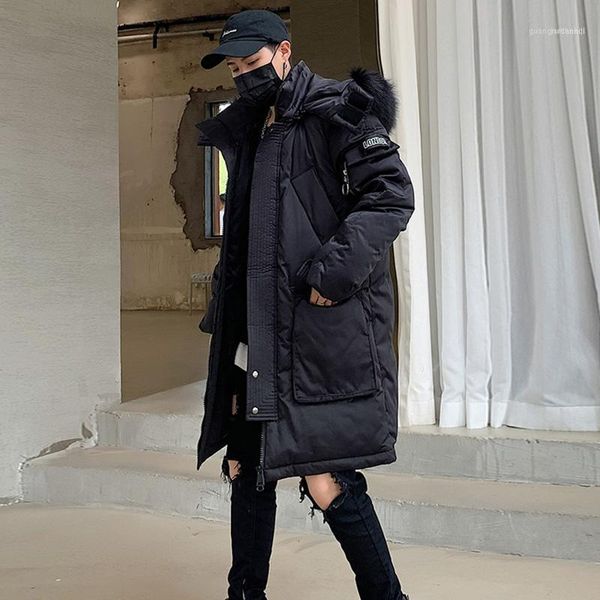 

winter long coat men 2021 thick warm cotton padded fur collar hooded parkas loose hip hop jacket overcoats1, Black