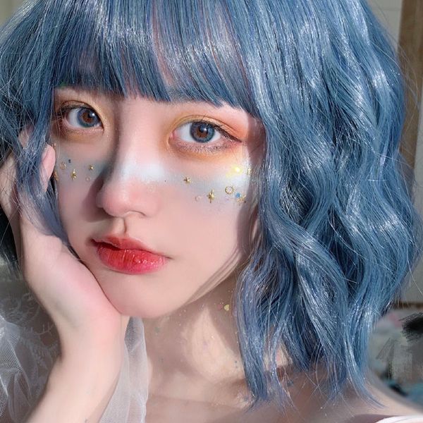 

ash wig perm female corn blue short hair air bangs student lolita cartoon sweet lovely nature, Black