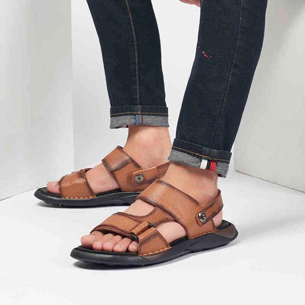 

slippers men shoes summer sandals genuine leather soft comfortable handmade outdoor zapatos de hombre srck, Black