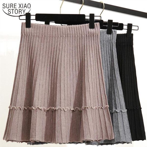 

skirts 2021 autumn and winter knitted skirt solid high waist slim a-line pleated korean office lady women jupe femme 10371, Black