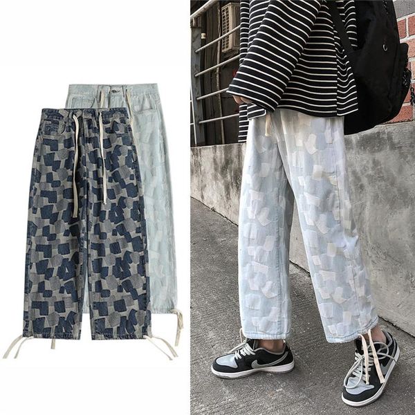 

men's jeans patchwork men hip hop blue straight hole pant jean denim joggers streetwear loose for