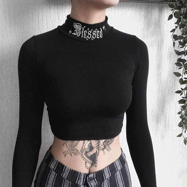 

women's t-shirt women black bodycon long sleeve crop gothic harajuku letter embroidery vintage solid female casual basic, White