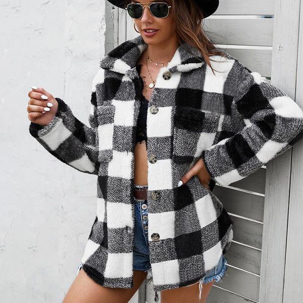 

women's jackets checkered fluffy coat women plaid shirt jacket winter turn-down collar loose casual fleece woman chaqueta mujer, Black;brown