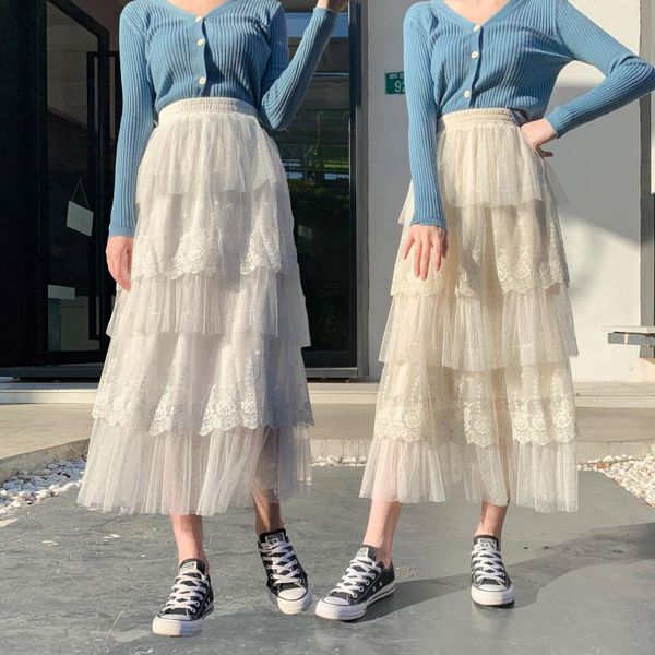 

skirts spring and autumn period the female skirt of tall waist fairy cakes in a word long veil, Black