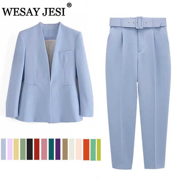 

wesay jesi women's fashion blazer office suit pantsuit simple solid color suit collar long sleeve + trousers 2 piece set blazer 210929, White