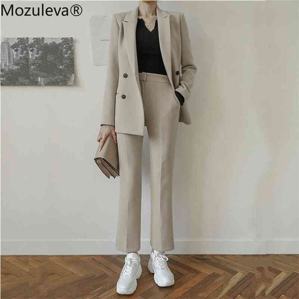 

autumn winter women's sets 2 pieces matching wide leg pants casual high waist elegant office lady blazer suits 210416, White