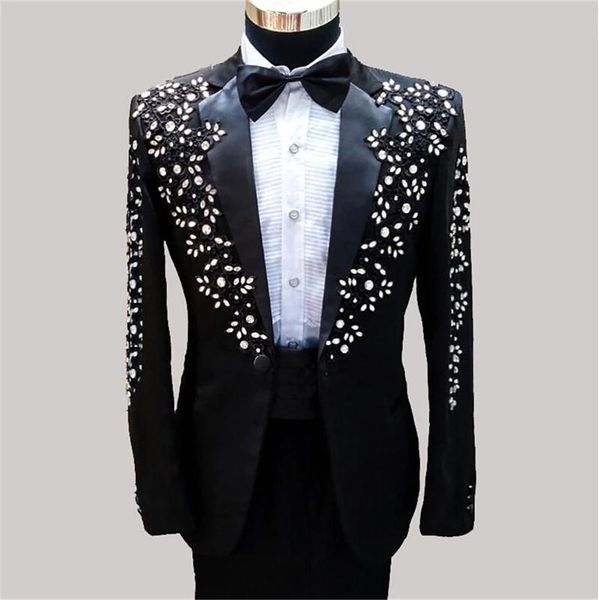 

pieces luxury crystal men suits beads custom made wedding high waist pant tuxedos peaked lapel blazer business coat+pant men's & blazer, White;black