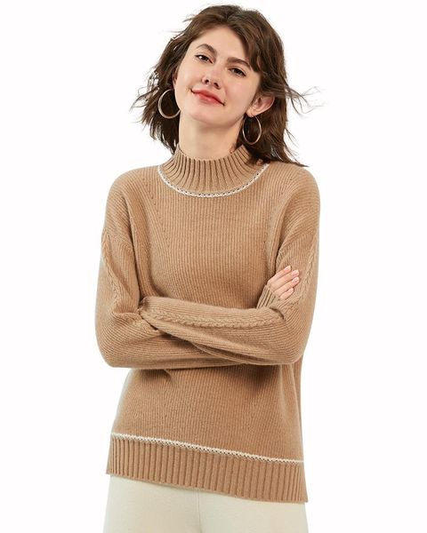 

women's sweaters zhili pure cashmere split hem high mock neck sweater, White;black