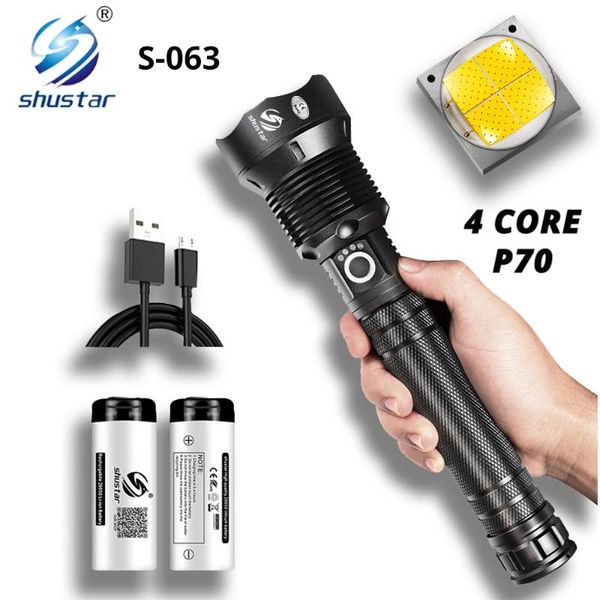 

flashlights torches powerful led with 4 core p70 lamp bead zoomable 3 lighting modes torch support for mircro charging hunting