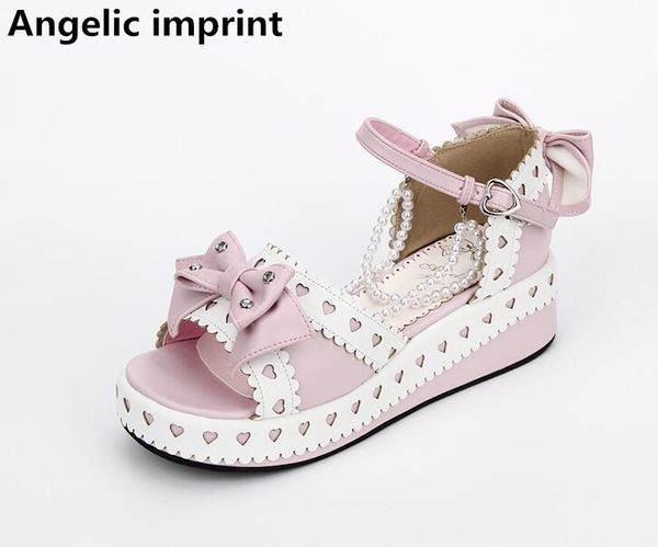 

dress shoes angelic imprint woman mori girl lolita cosplay lady mid heels wedges pumps women princess sandals 33-47 love hearts, Black