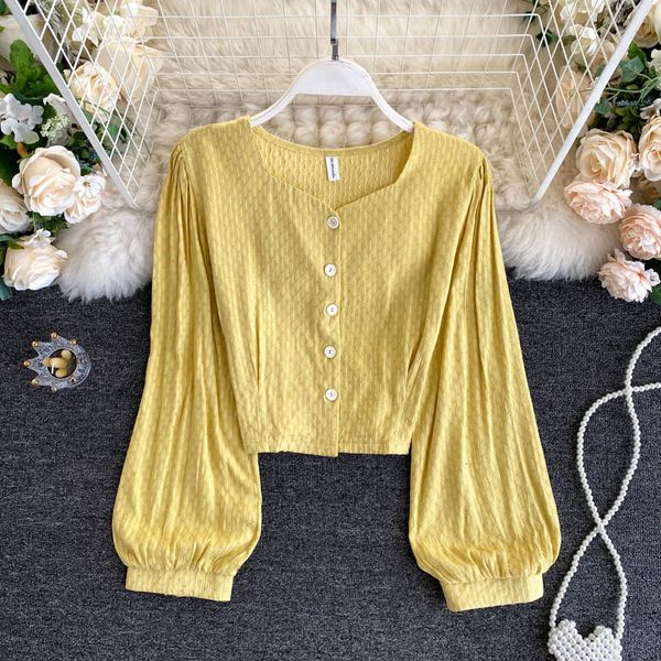 

women's blouses & shirts korean shirt autumn fashion square neck single-breasted short slim lady long sleeve casual blouse n9, White